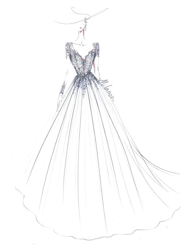 V Neck A Line Wedding Dress Long Sleeves Floor Length Lace Applique Tulle Bridal Dresses With Train