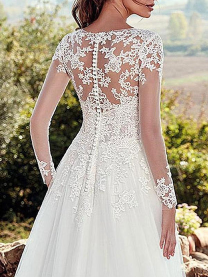 V Neck A Line Wedding Dress Long Sleeves Floor Length Lace Applique Tulle Bridal Dresses With Train