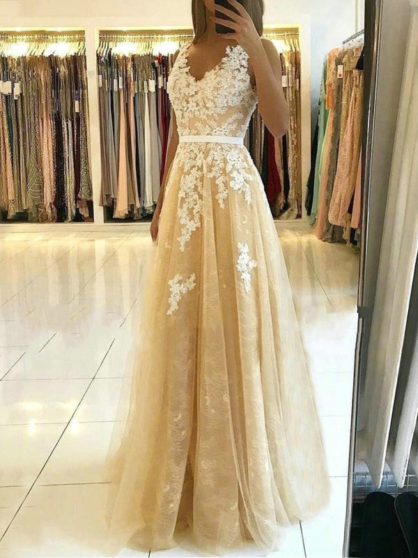 V Neck and V Back Champagne Lace Long Prom Dresses, Champagne Lace Formal Graduation Evening Dresses