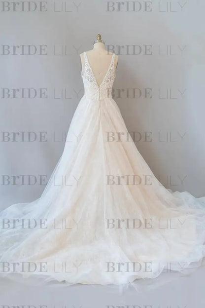 V-neck Appliques Tulle Chapel Train Wedding Dress