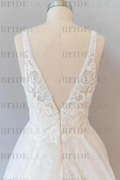 V-neck Appliques Tulle Chapel Train Wedding Dress