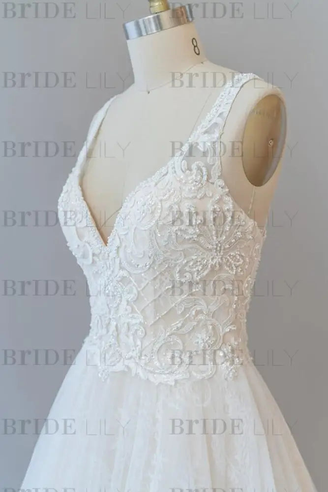 V-neck Appliques Tulle Chapel Train Wedding Dress