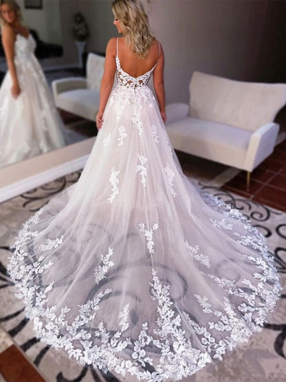 V Neck Backless Ivory Lace Long Wedding Dresses Ivory Tulle Aline Wedding Dress