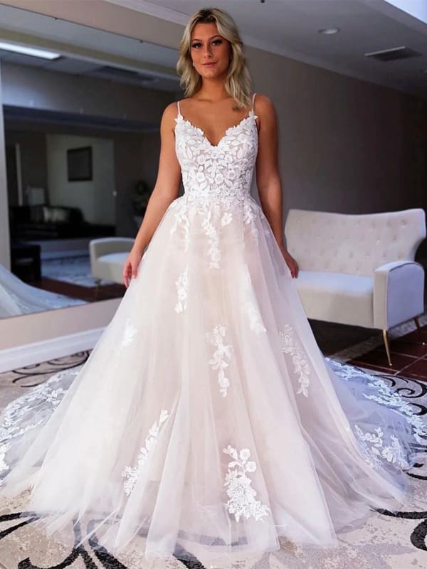 V Neck Backless Ivory Lace Long Wedding Dresses Ivory Tulle Aline Wedding Dress