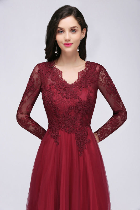 V-Neck Burgundy Bridesmaid Dresses Long Sleeves with Lace Appliques