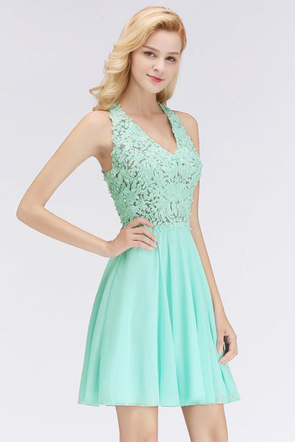 V-Neck Knee Length Floral Lace Birdesmaid Dresses