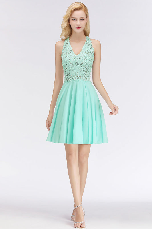 V-Neck Knee Length Floral Lace Birdesmaid Dresses