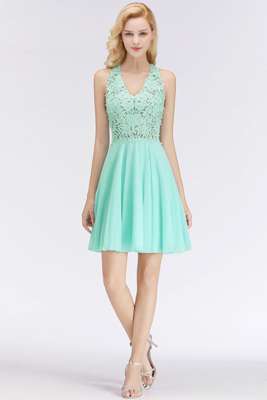 V-Neck Knee Length Floral Lace Birdesmaid Dresses