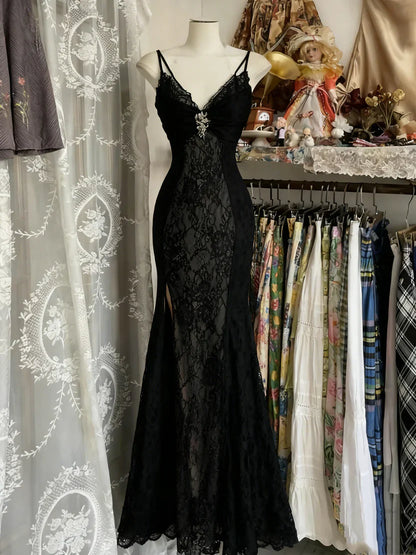 Retro Lace Burgundy Long Prom Dress Mermaid Evening Party Gown  cc3017