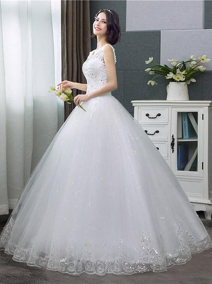 V-Neck Lace Tank Sleeveless Floral Print Ball Gown Wedding Dress