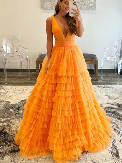 V Neck Layered Tulle Long Prom Dresses Orange Aline Formal Evening Dresses