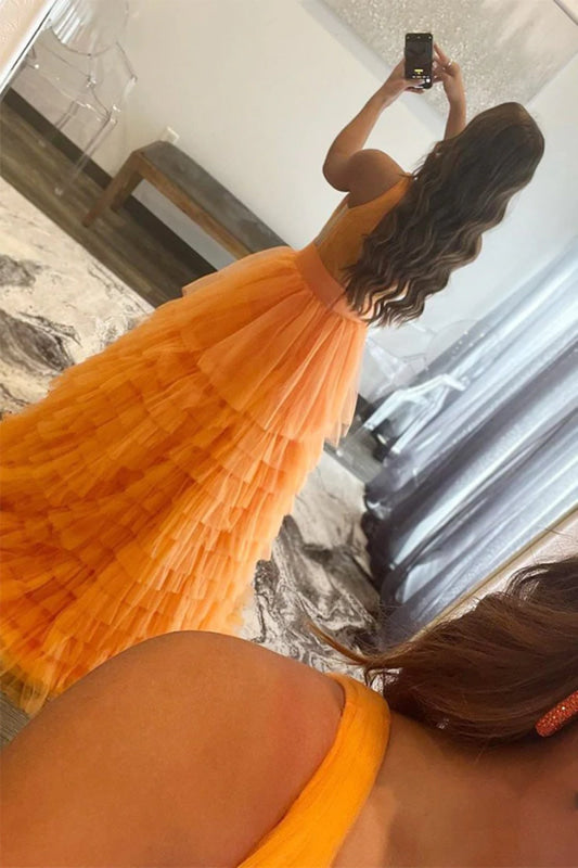 V Neck Layered Tulle Long Prom Dresses Orange Aline Formal Evening Dresses