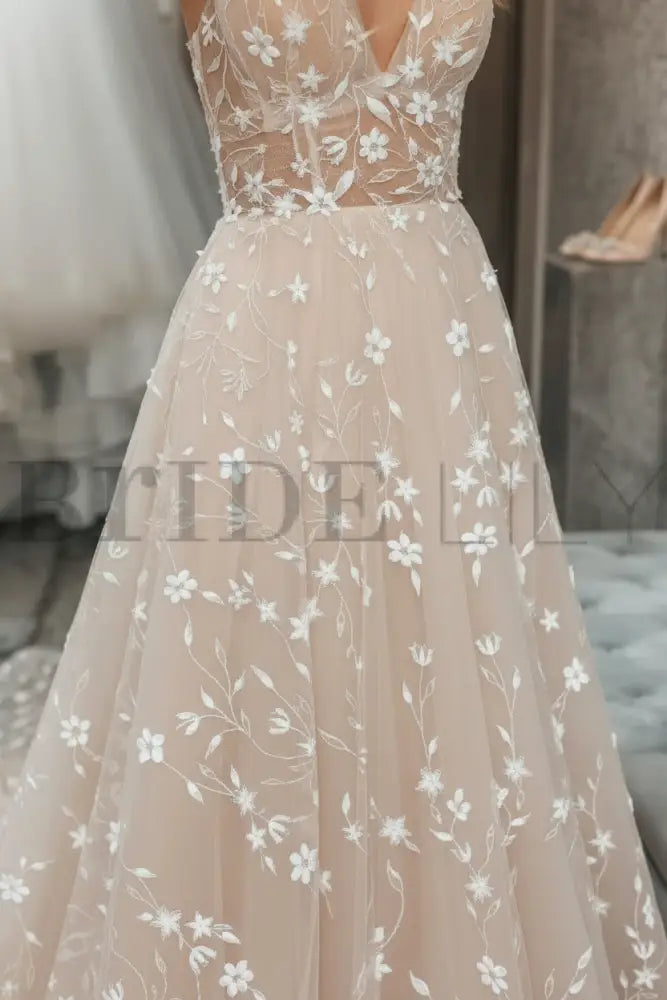 V Neck Light Champagne Lace Floral A Line Wedding Dress Formal Graduation Dresses