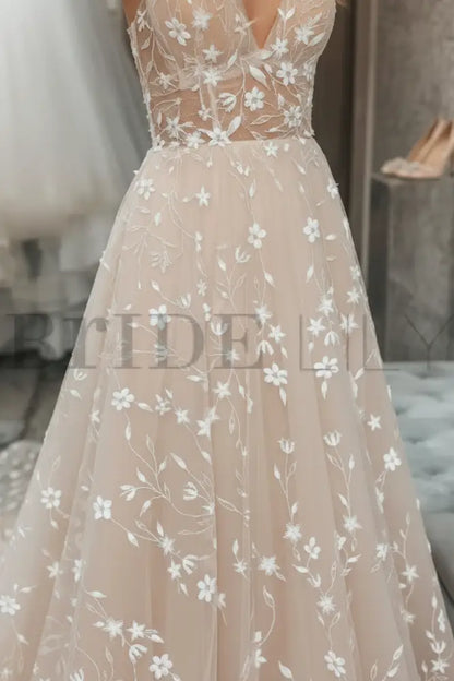 V Neck Light Champagne Lace Floral A Line Wedding Dress Formal Graduation Dresses