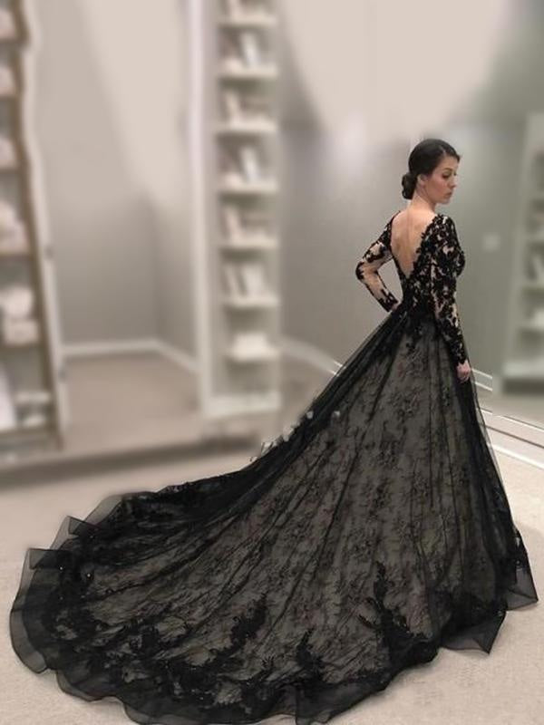 V-Neck Long Sleeves Bride Dresses Lace Black Wedding Dresses