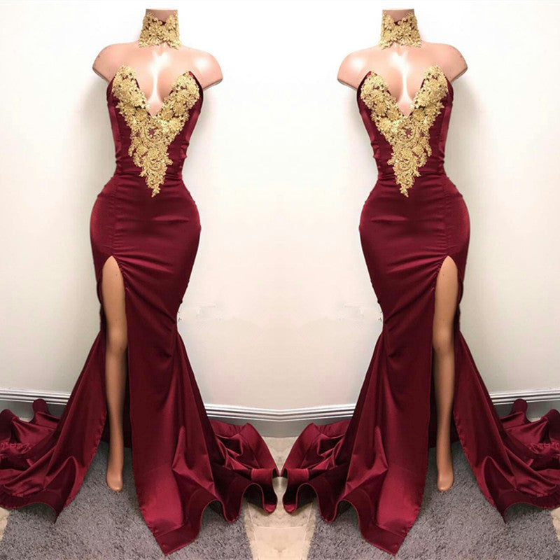 V-Neck Mermaid Prom Dress in Burgundy With Split and Lace Appliques