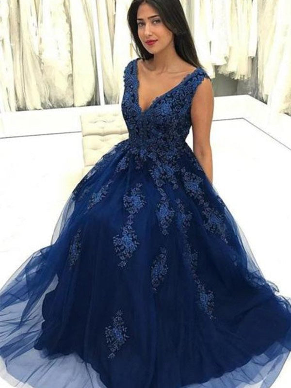V Neck Navy Blue Lace Long Prom Dresses, Navy Blue Lace Formal Dresses, Lace Floral Evening Dresses