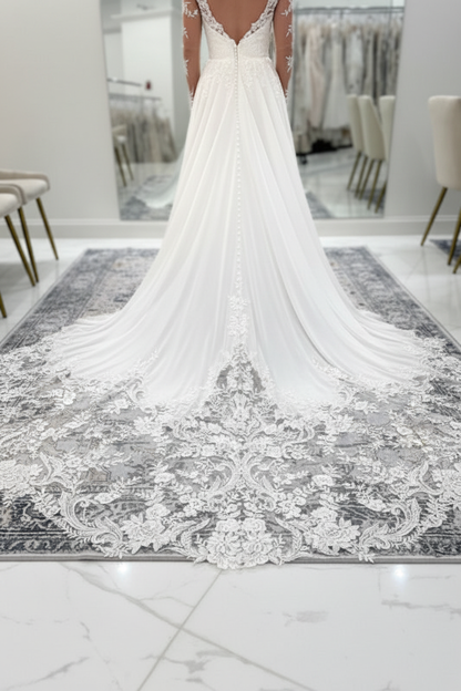 V-neck Open Back Appliques Lace A-Line Wedding Dresses Long Sleeve
