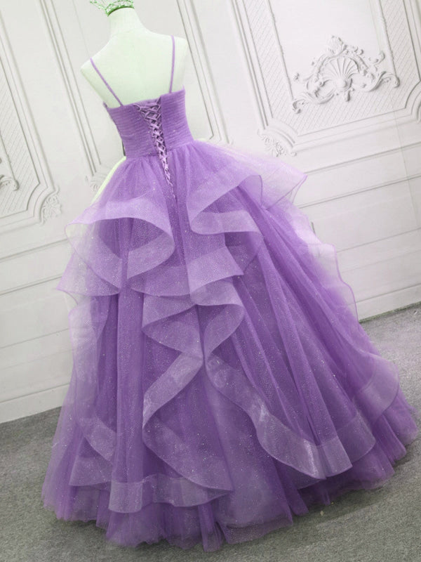 V Neck Open Back Fluffy Purple Tulle Long Prom Dresses, Purple Tulle Formal Evening Dresses, Purple Ball Gown