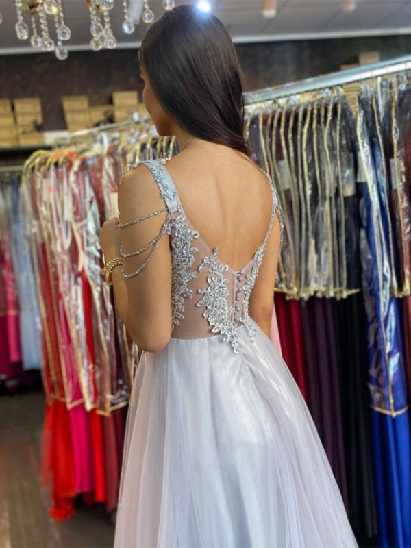 V Neck Open Back Gray Lace Long Prom Dresses, Long Grey Lace Formal Graduation Evening Dresses