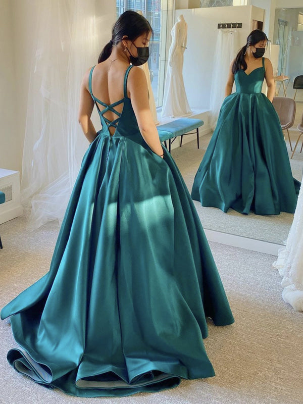 V Neck Open Back Green Satin Prom Dresses Sleeveless Satin A-Line Evening Dresses