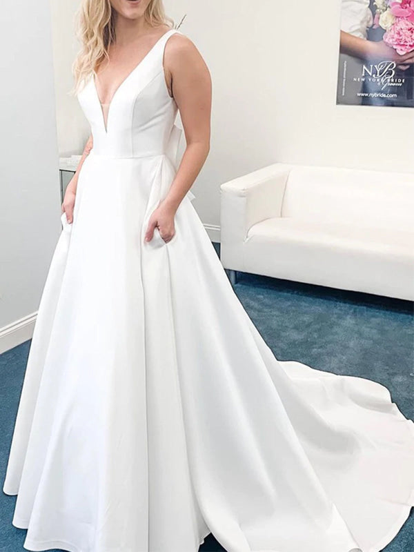 V Neck Open Back White Satin Long Prom Dresses with Train, V Neck White Formal Graduation Evening Dresses