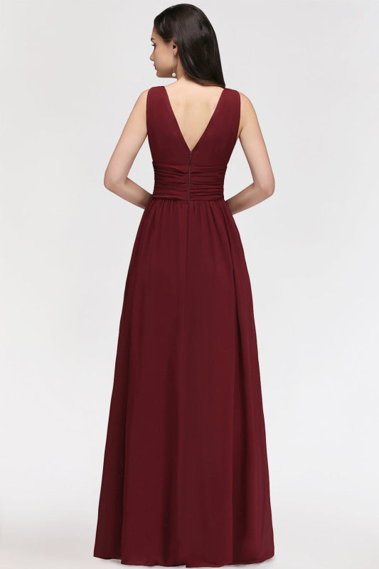 V-Neck Pleated Chiffon A-line Burgundy Bridesmaid Dress