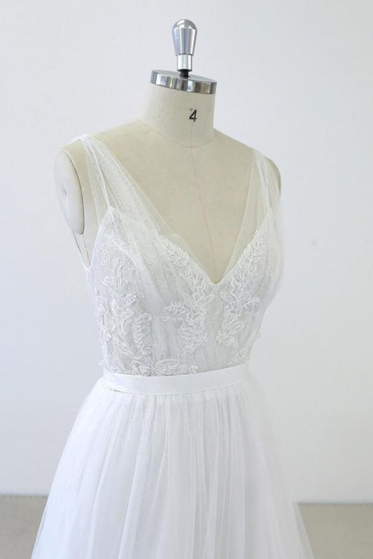 V-neck Ruffle Applqiues Tulle A-line Wedding Dress