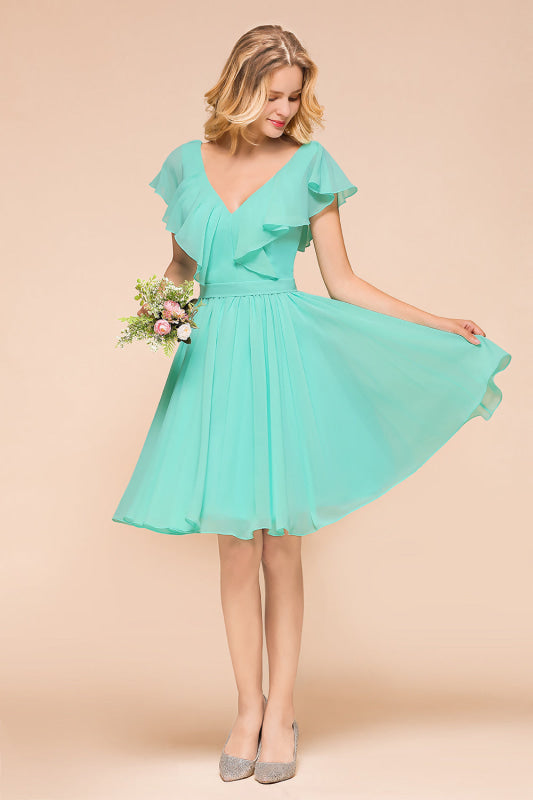 V-Neck Ruffle Chiffon Mini Bridesmaid Dresses