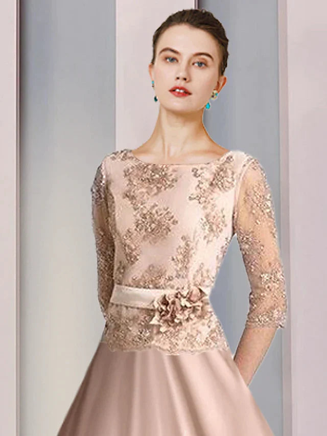 A-Line Mother of the Bride Dress Formal Wedding Guest Vintage Party Elegant Scoop Neck Tea Length Satin Lace Half Sleeve with Appliques Flower