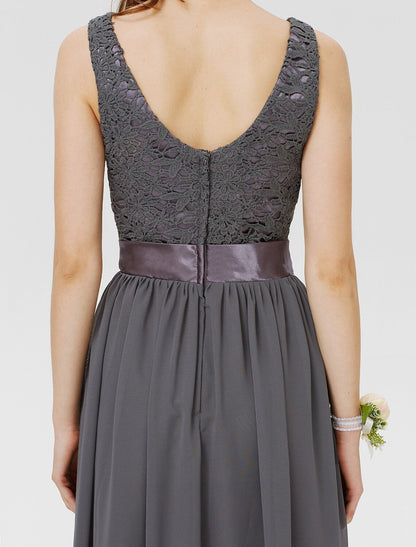 Sheath / Column Bateau Floor Length Chiffon / Floral Lace Bridesmaid Dress with Lace / Sash / Ribbon / Pleats