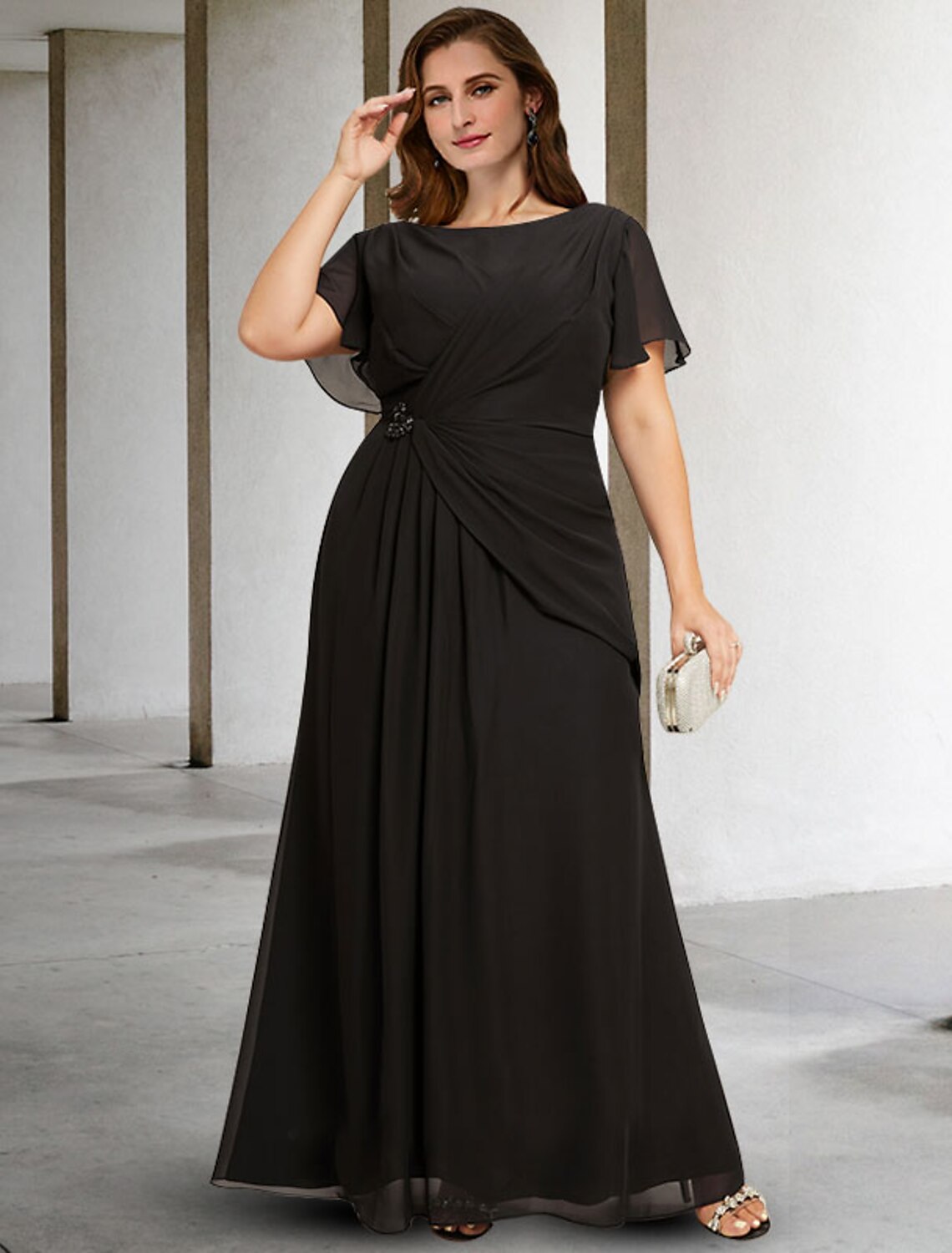 Aimishang  A-Line Mother of the Bride Dresses Plus Size Hide Belly Curve Elegant Dress Formal Floor Length Sleeveless Jewel Neck Chiffon with Ruched Crystals Fall