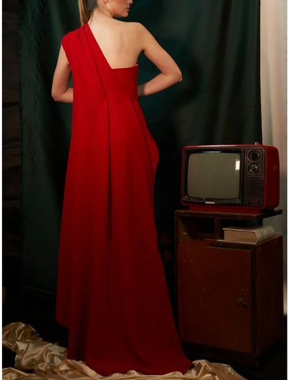 Sheath Evening Gown Red Green Dress Elegant Dress Formal Sweep / Brush Train Sleeveless One Shoulder Chiffon with Pleats Ruched