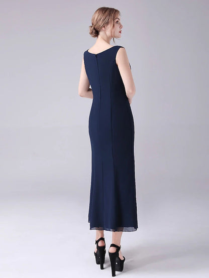 A-Line Mother of the Bride Dress Elegant Sweet Jewel Neck Ankle Length Chiffon Sleeveless