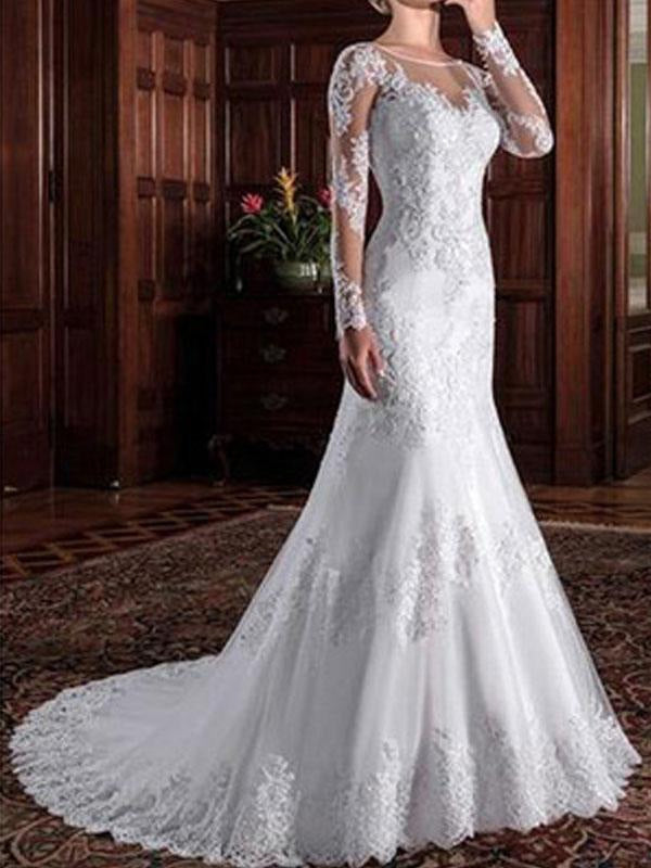Long Sleeve Vintage Wedding Bridal Dress Sheath Illusion Neck Lace Applique Wedding Dresses With Train