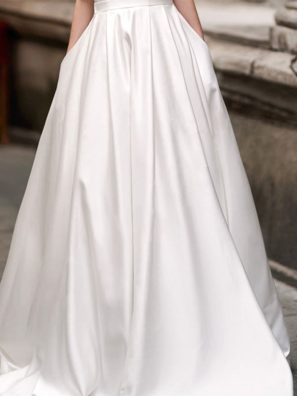 Vintage Wedding Dress A Line Bateau Neck Sleeveless Satin Bridal Dress