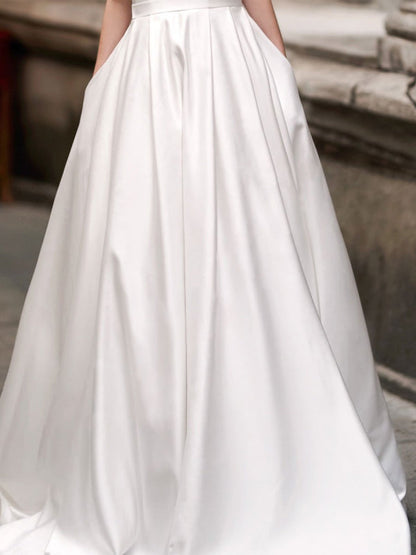 Vintage Wedding Dress A Line Bateau Neck Sleeveless Satin Bridal Dress