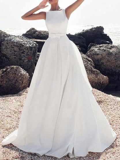 Vintage Wedding Dresses Jewel Neck Sleeveless Bows With Train Satin Bridal Gowns