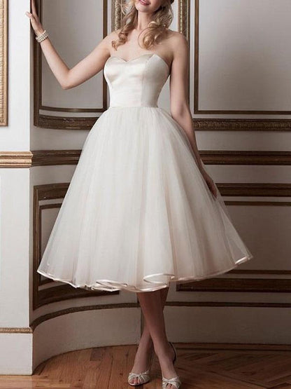 Vintage Wedding Dresses Sweetheart Sleeveless A Line Tea Length Bridal Dresses