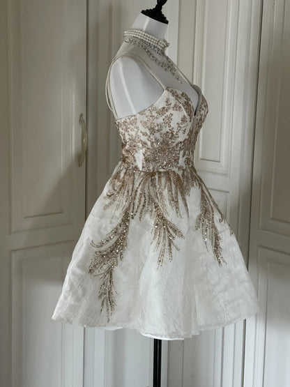 White Gold Sequins Shiny Gorgeous Cute Elegant Sophisticated Short Princess Sequin Homecoming Dress Prom Dress Evening Dress Party Dress gh4166
