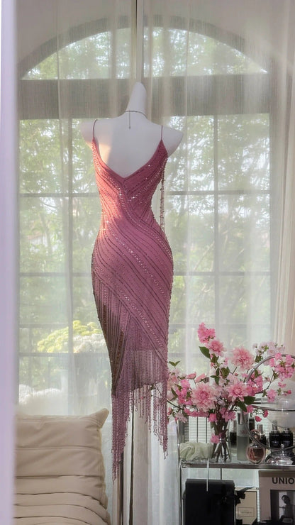 Pink Elegant Gorgeous Exquisite Beaded Tassel Midi/Short Tulle Chiffon Homecoming Dress Cocktail Party Dress Ball Dress Evening Dress Birthday Party Dress Prom Dress gh4086