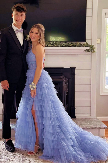One-Shoulder Red Lace A-Line Tiered Prom Dress with Ruffles