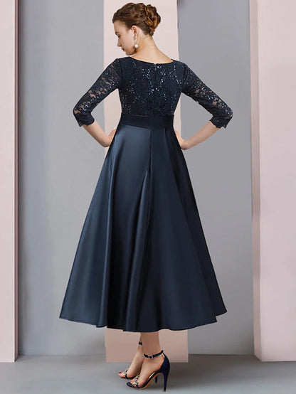 A-Line Mother of the Bride Dress Wedding Guest Vintage Elegant V Neck Tea Length Satin Lace 3/4 Length Sleeve with Bow(s) Pleats