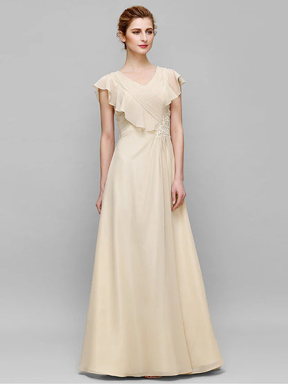 Sheath / Column Mother of the Bride Dress Plus Size Elegant V Neck Floor Length Chiffon Sleeveless with Criss Cross