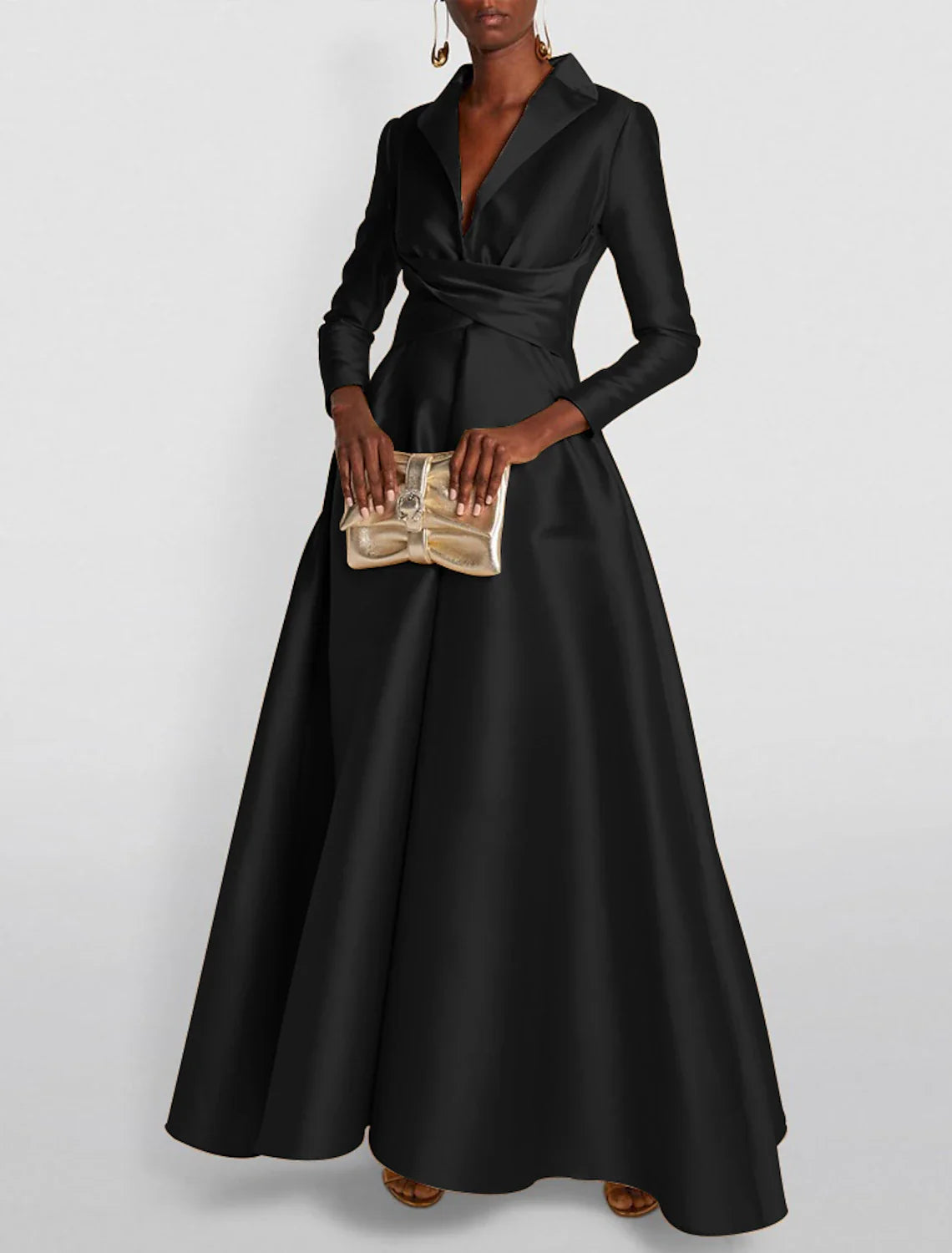 A-Line Evening Gown Elegant Christmas Red Green Dress Formal Wedding Guest Floor Length Long Sleeve Shirt Collar Satin with Ruched 2025