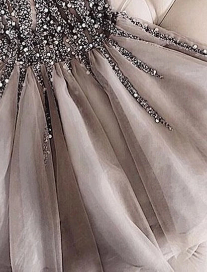 A-Line Homecoming Dresses Sparkle & Shine Dress Party Wear Birthday Short / Mini Sleeveless V Neck Tulle with Glitter