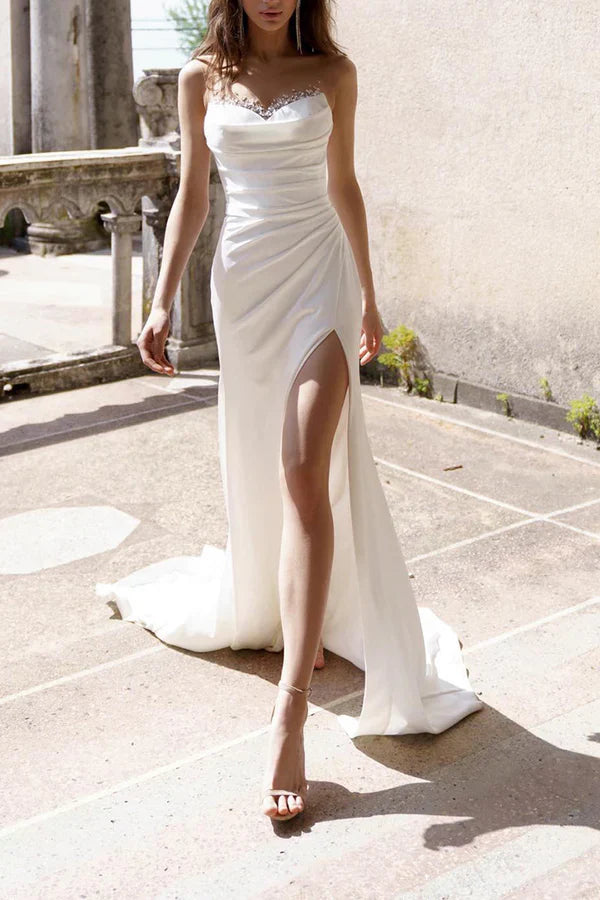 Mermaid/Trumpet Wedding Dress Illusion Neckline Bead Satin Pleated Bridal Dress With Slit
