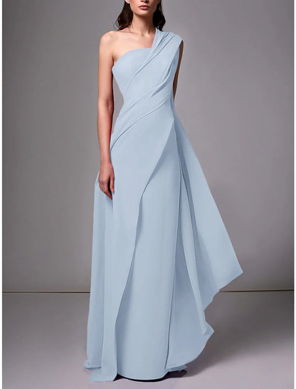 Sheath Evening Gown Red Green Dress Elegant Dress Formal Sweep / Brush Train Sleeveless One Shoulder Chiffon with Pleats Ruched