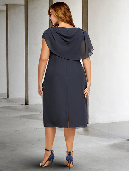 A-Line Plus Size Curve Mother of the Bride Dresses Plus Size Dress Formal Tea Length Short Sleeve Jewel Neck Chiffon with Ruched Pearls