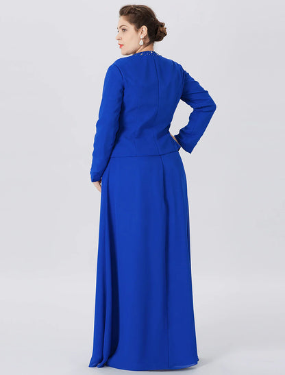 Aimishang A-Line Mother of the Bride Dress Formal Classic & Timeless Elegant & Luxurious Plus Size Straps Floor Length Chiffon Lace Long Sleeve Wrap Included with Pearls Crystals